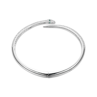 Lab-Created Emerald & White Lab-Created Sapphire Snake Bypass Bangle  Bracelet Sterling Silver