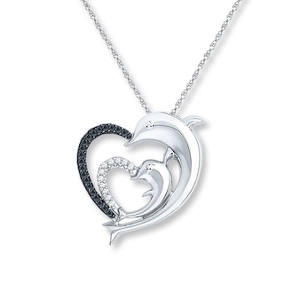 Dolphin & Heart 1/8 ct tw Diamonds Sterling Silver Necklace 18