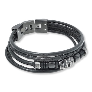 Black Leather Bracelet with Blue Stainless Steel Accents Large (9)