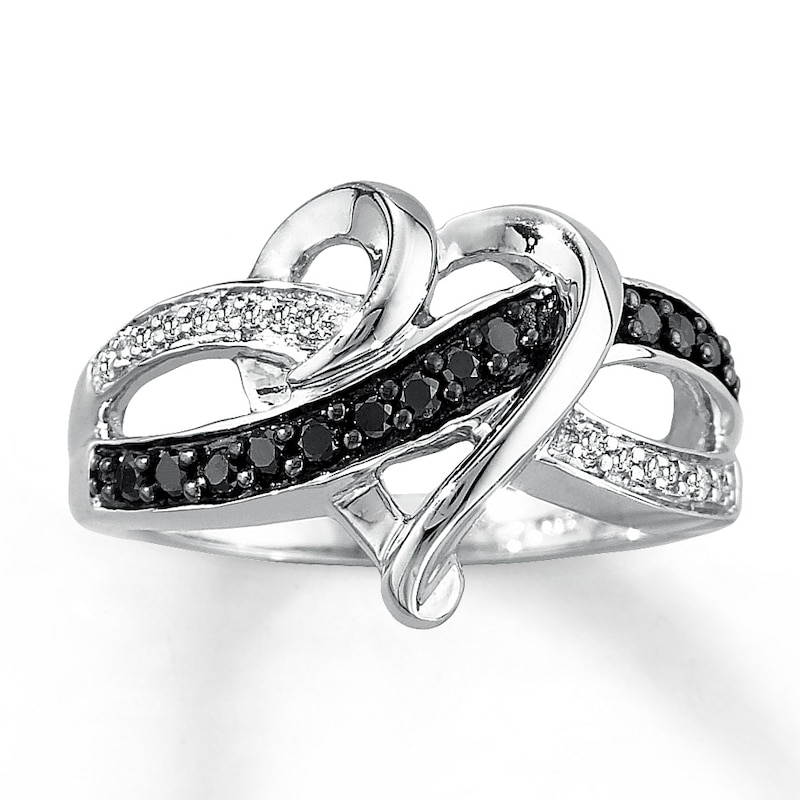 Main Image 1 of Black & White Diamond Heart Ring 1/10 ct tw Sterling Silver