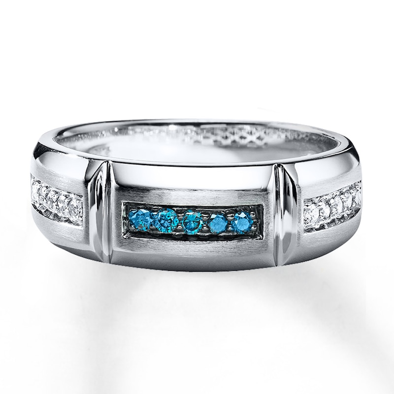 Main Image 1 of Men's Wedding Band 1/4 ct tw Blue Diamonds 10K White Gold