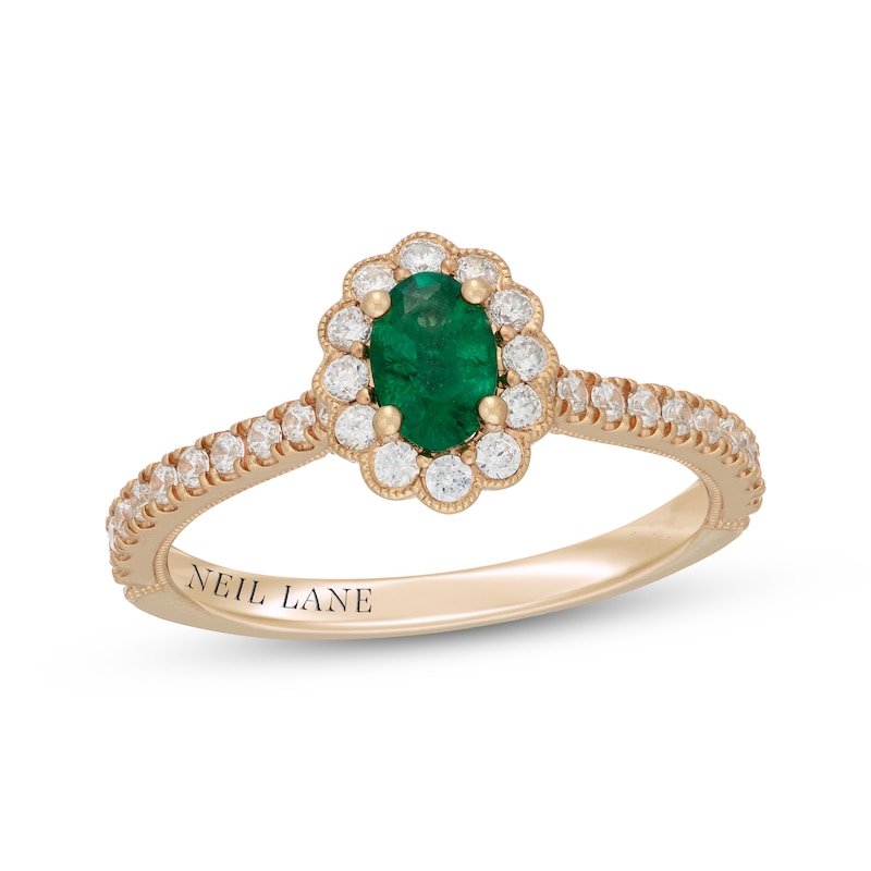 Main Image 1 of Neil Lane Oval-Cut Natural Emerald & Diamond Flower Frame Engagement Ring 1/2 ct tw 14K Yellow Gold