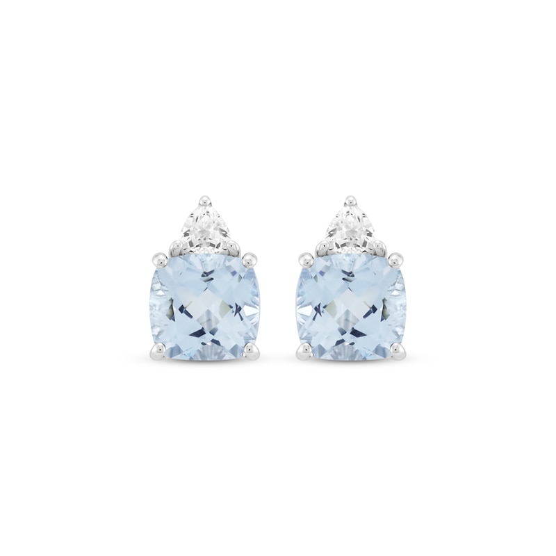 Main Image 2 of Cushion-Cut Aquamarine & White Lab-Created Sapphire Stud Earrings Sterling Silver