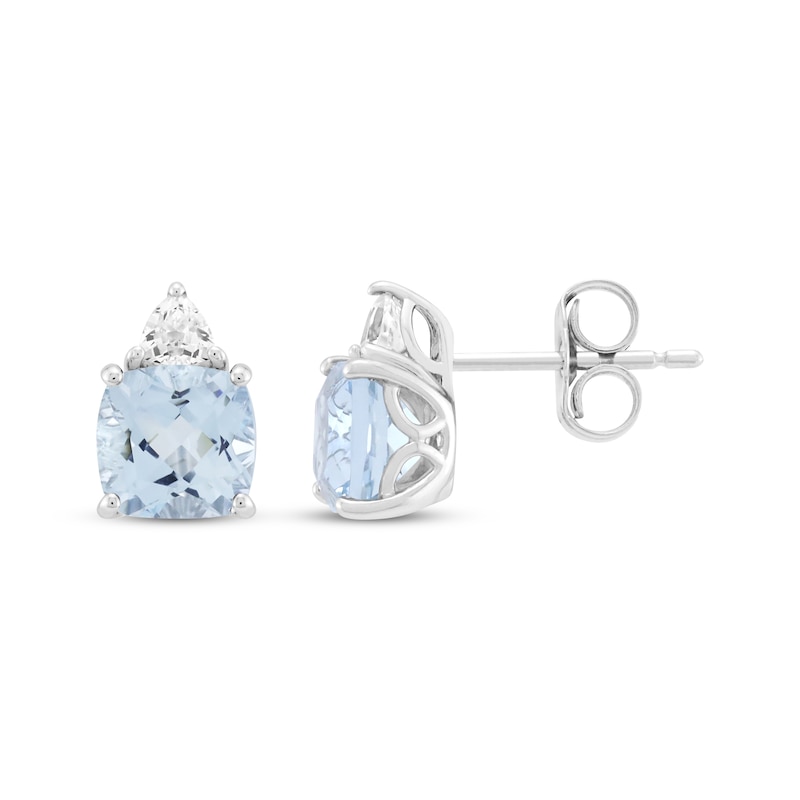 Main Image 3 of Cushion-Cut Aquamarine & White Lab-Created Sapphire Stud Earrings Sterling Silver