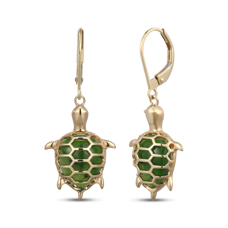 Main Image 1 of Pear-Shaped Nephrite Jade Turtle Dangle Earrings 14K Yellow Gold