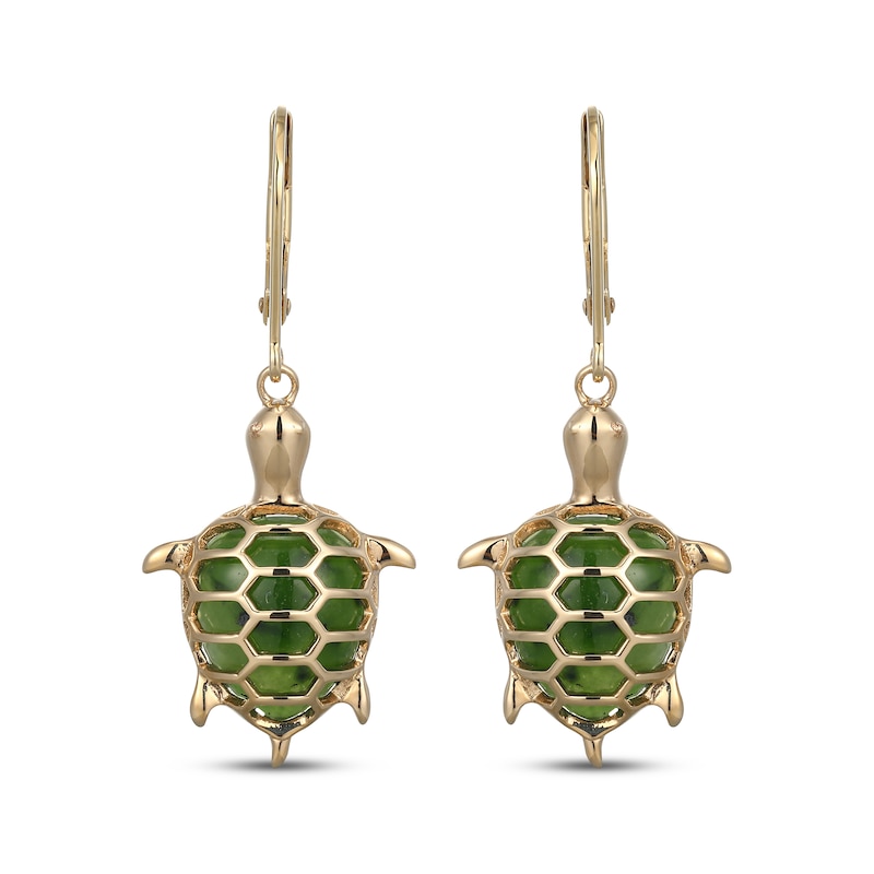 Main Image 2 of Pear-Shaped Nephrite Jade Turtle Dangle Earrings 14K Yellow Gold