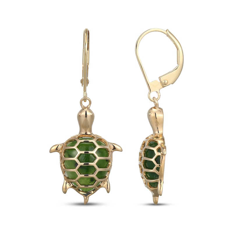 Main Image 3 of Pear-Shaped Nephrite Jade Turtle Dangle Earrings 14K Yellow Gold