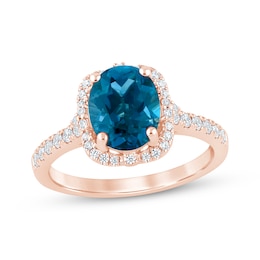 Oval-Cut London Blue Topaz & Diamond Halo Engagement Ring 1/3 ct tw 14K Rose Gold