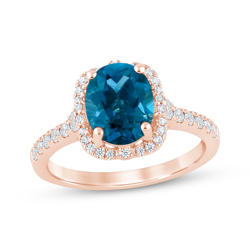 Main Image 1 of Now + Forever Oval-Cut London Blue Topaz & Diamond Halo Engagement Ring 1/3 ct tw 14K Rose Gold