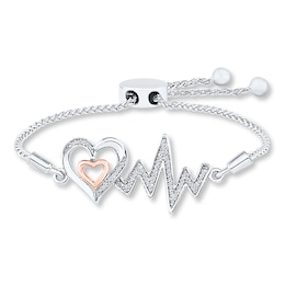 Heart Bolo Bracelet 1/8 ct tw Diamonds Sterling Silver & 10K Rose Gold 9.5&quot;