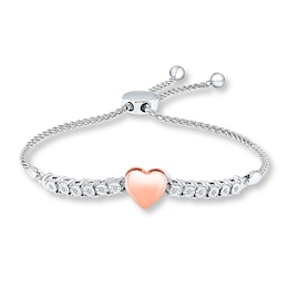 Heart Bolo Bracelet 1/20 cttw Diamonds Sterling Silver & 10K Rose Gold