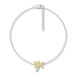 Dragonfly Anklet with Diamonds Sterling Silver & 10K Yellow Gold 10&quot;
