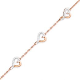 Diamond Heart Station Bracelet 1/15 ct tw Round-cut 10K Rose Gold 7.5&quot;