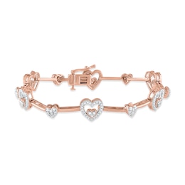 Diamond Heart Link Bar Bracelet 1 ct tw Round-cut 10K Rose Gold 7&quot;