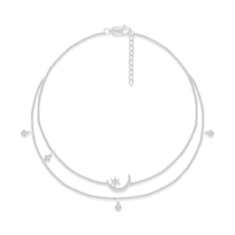 Diamond Moon & Star Double-Strand Anklet 1/8 ct tw Round-cut Sterling Silver 9&quot;