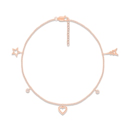 Diamond Heart, Star & Eiffel Tower Dangle Anklet 10K Rose Gold 9&quot;