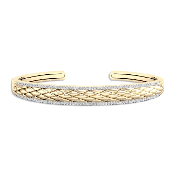 Diamond Edge Quilted Cuff Bangle Bracelet 5/8 ct tw Round-cut 10K Yellow Gold