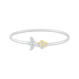 Diamond Bee & Honeycomb Cuff Bangle Bracelet 1/6 ct tw Sterling Silver & 10K Yellow Gold