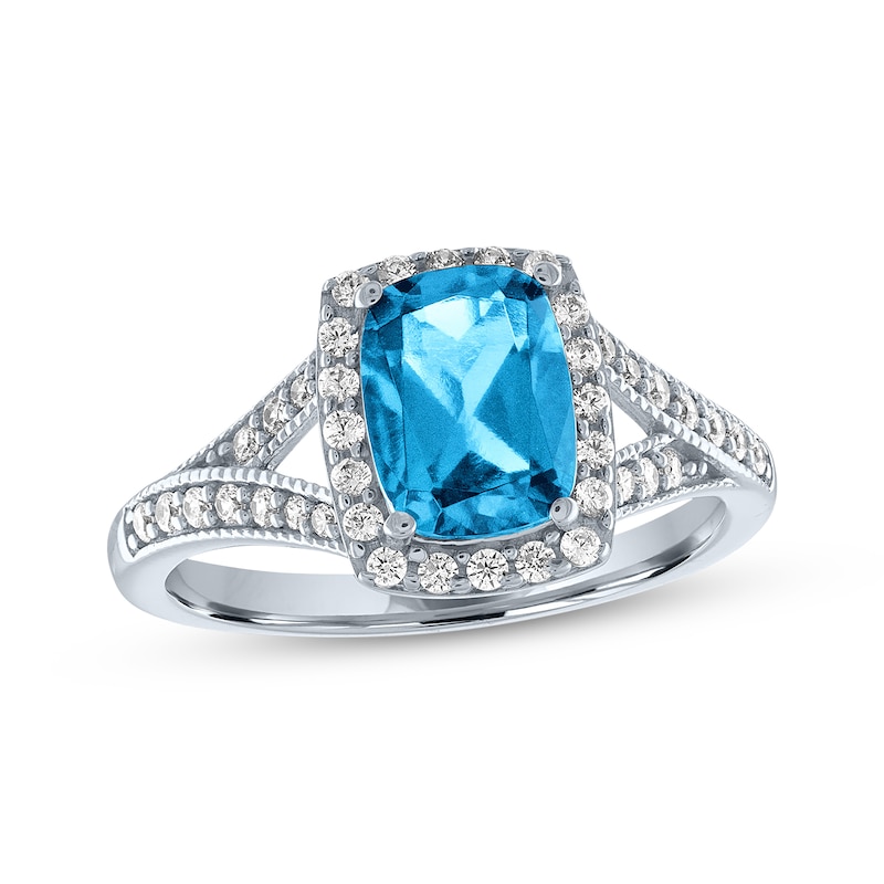 Main Image 1 of Cushion-Cut Sky Blue Topaz & Round White Lab-Created Sapphire Ring Sterling Silver