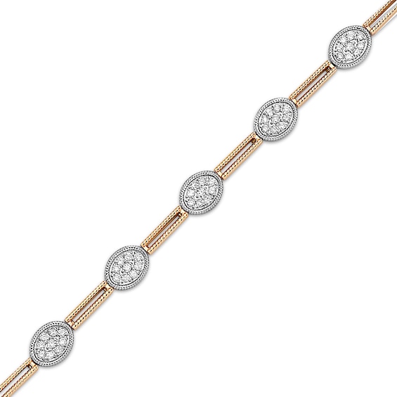 Diamond Oval Cluster & Rectangle Bar Link Tennis Bracelet 1-1/5 ct tw 10K Two-Tone Gold 7"