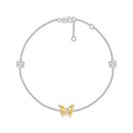 Diamond Butterfly & Flower Bracelet 1/15 ct tw Sterling Silver & 10K Yellow Gold 7.5&quot;