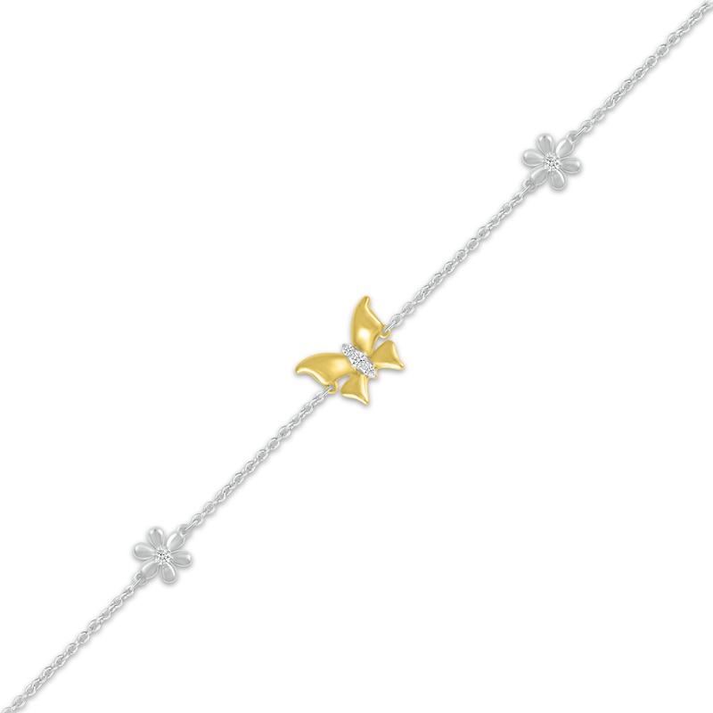 Main Image 2 of Diamond Butterfly & Flower Bracelet 1/15 ct tw Sterling Silver & 10K Yellow Gold 7.5&quot;