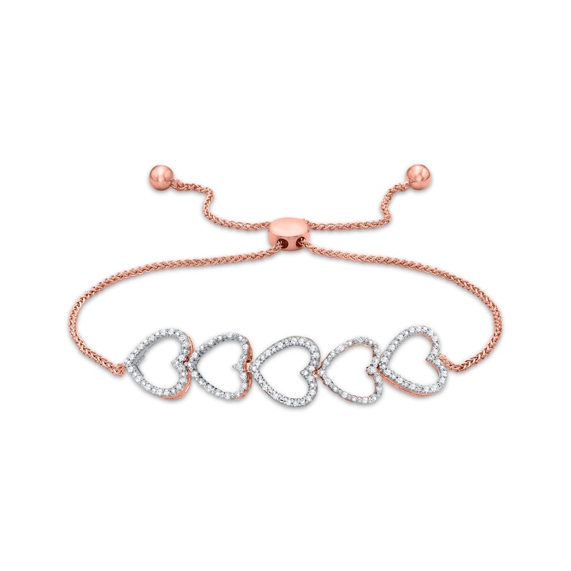 Main Image 1 of Diamond Stacked Hearts Bolo Bracelet 1/4 ct tw 10K Rose Gold