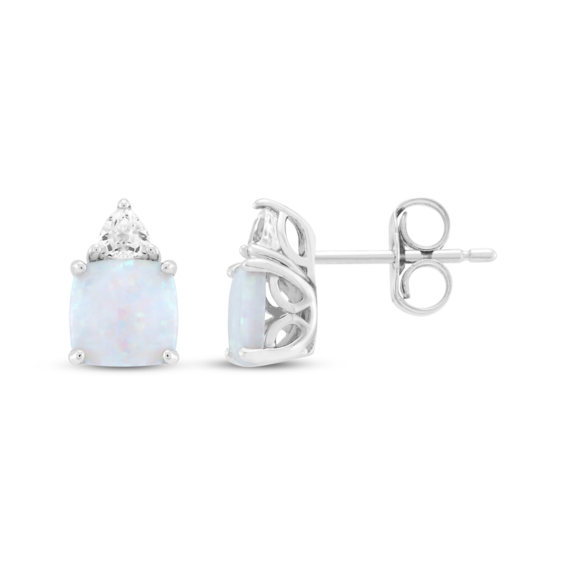 Main Image 3 of Cushion-Cut Lab-Created Opal & White Lab-Created Sapphire Stud Earrings Sterling Silver