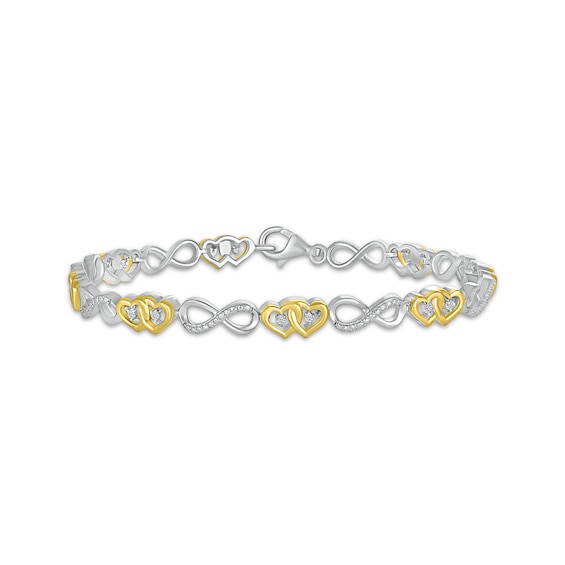 Diamond Hearts & Infinity Link Bracelet 1/10 ct tw Sterling Silver & 10K Yellow Gold 7.25"