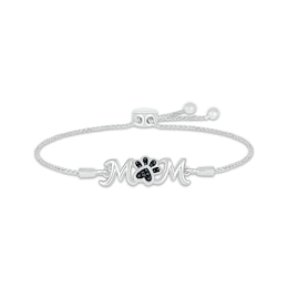 Black Diamond Accent &quot;Mom&quot; Paw Print Bolo Bracelet Sterling Silver