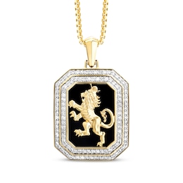 Men's Diamond & Black Onyx Lion Crest Octagon Necklace 3/4 ct tw 10K Yellow Gold 22&quot;