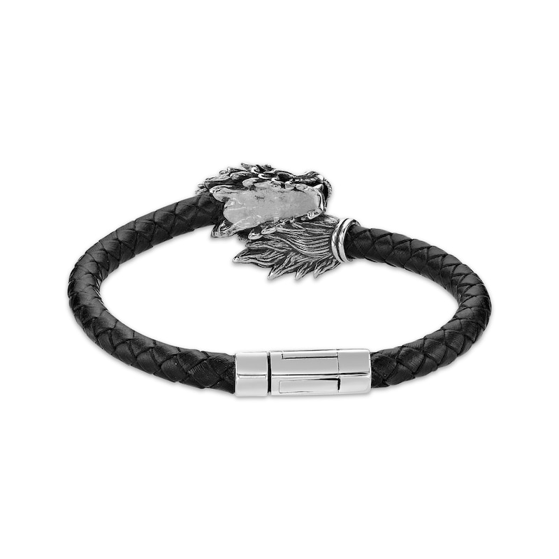 Main Image 2 of Men's Dragon Head & Tail Leather Bracelet Oxidized Sterling Silver 8.5&quot;