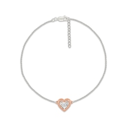 Diamond Accent Textured Heart Anklet Sterling Silver & 10K Rose Gold 10&quot;