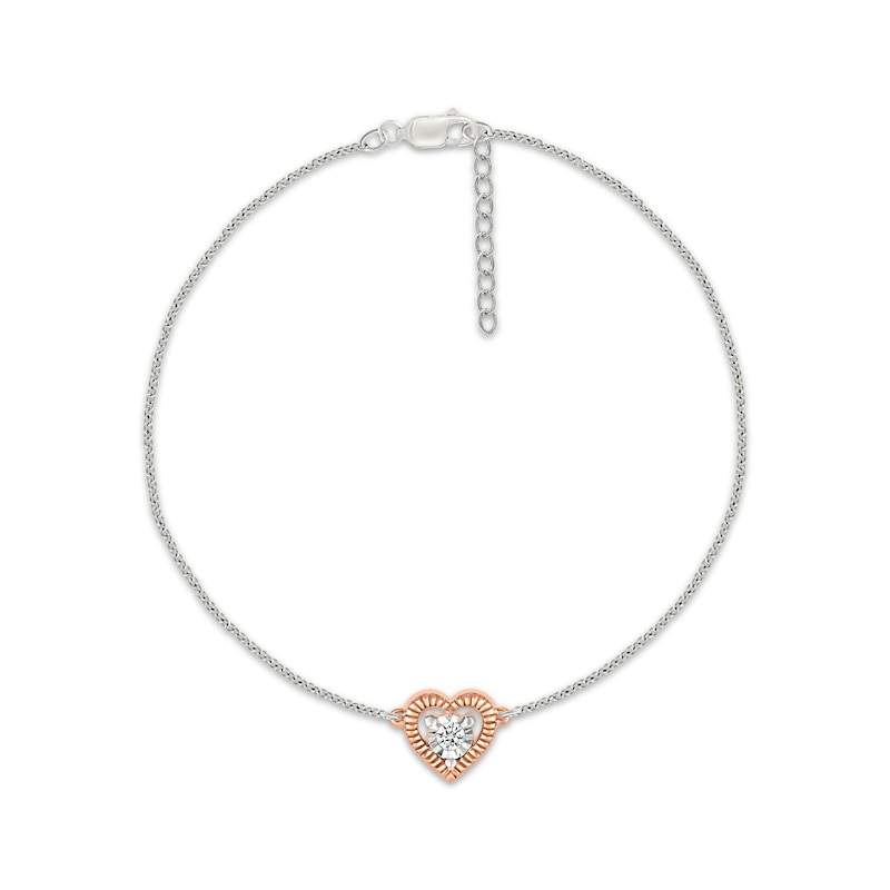 Main Image 1 of Diamond Accent Textured Heart Anklet Sterling Silver & 10K Rose Gold 10&quot;