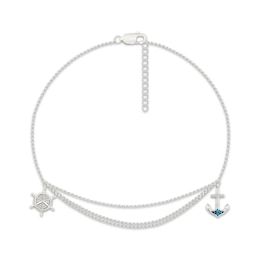 Blue & White Diamond Wheel & Anchor Layered Anklet 1/20 ct tw Sterling Silver 10"