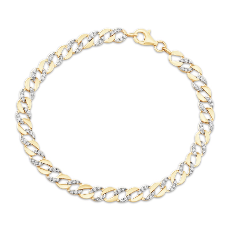 Main Image 1 of Diamond Alternating Curb Chain Bracelet 1 ct tw 10K Yellow Gold 7.25&quot;