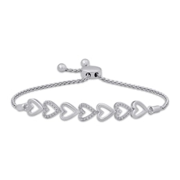 Diamond Alternating Sideways Hearts Bolo Bracelet 1/8 ct tw Sterling Silver 9.5&quot;