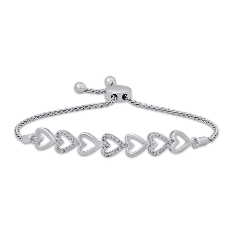 Main Image 1 of Diamond Alternating Sideways Hearts Bolo Bracelet 1/8 ct tw Sterling Silver 9.5&quot;