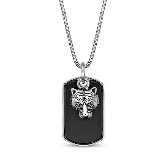 Men's Black Agate Dog Tag Necklace with Tiger's Head Charm Sterling Silver 24"