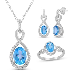 Oval-Cut Swiss Blue Topaz & White Lab-Created Sapphire Doorknocker Gift Set Sterling Silver