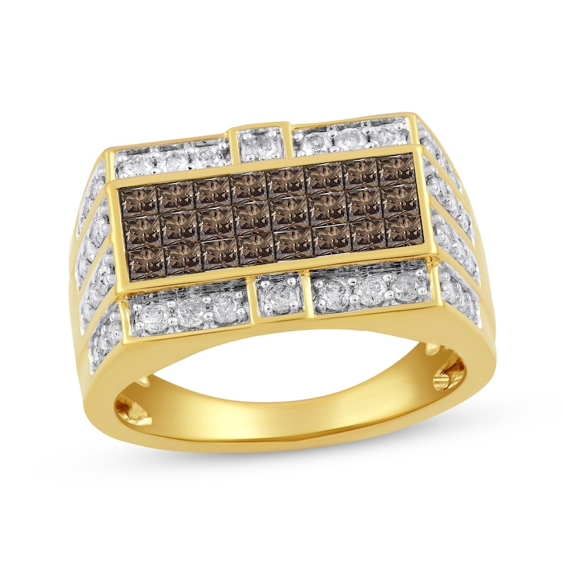 Men's Square-Cut Brown Diamond & White Diamond Ring 2 ct tw 10K Yellow Gold