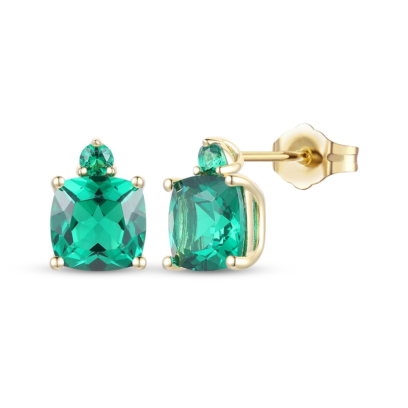 Main Image 1 of Cushion & Round-Cut Lab-Created Emerald Stud Earrings 10K Yellow Gold