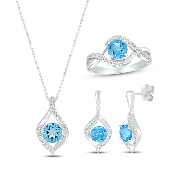 Swiss Blue Topaz & White Lab-Created Sapphire Round Gift Set Sterling Silver - Size 7