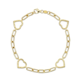 Hollow Textured Heart Outline Link Paperclip Chain Bracelet 10K Yellow Gold 7.5&quot;
