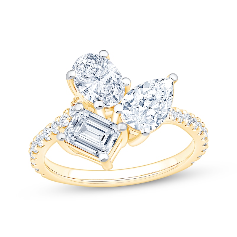 Main Image 1 of Memories Moments Magic Lab-Grown Diamond Oval, Pear & Emerald-Cut Three-Stone Engagement Ring 2-3/8 ct tw 14K Yellow Gold