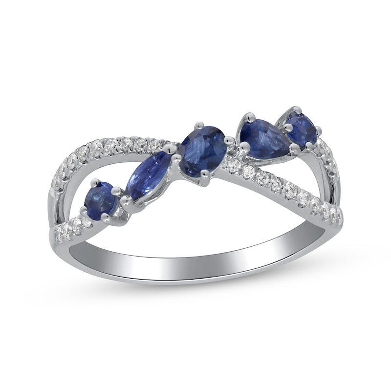 Main Image 1 of Multi-Shape Natural Blue Sapphire & Diamond Crossover Ring 1/6 ct tw 10K White Gold