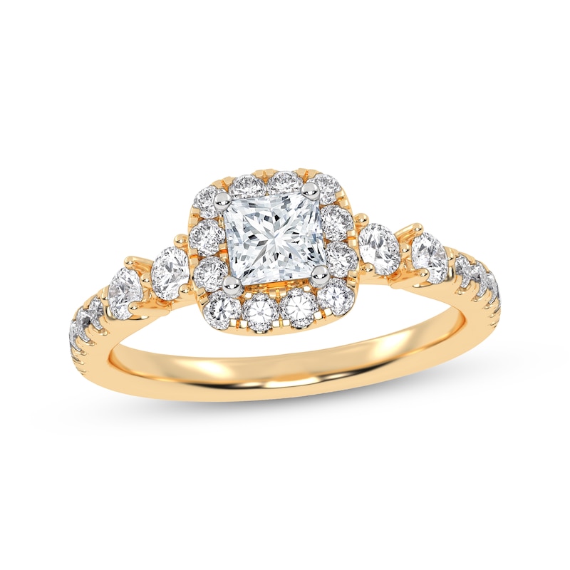 Main Image 1 of Lab-Grown Diamonds by KAY Princess-Cut Halo Engagement Ring 3/4 ct tw 14K Yellow Gold