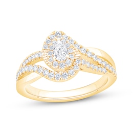 Now + Forever Pear-Shaped Diamond Halo Bypass Engagement Ring 5/8 ct tw 14K Yellow Gold