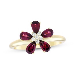 Pear-Shaped Rhodolite Garnet & Diamond Flower Ring 1/15 ct tw 10K Yellow Gold