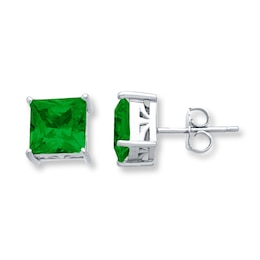 Classic Stud Earrings Lab-Created Emeralds Sterling Silver